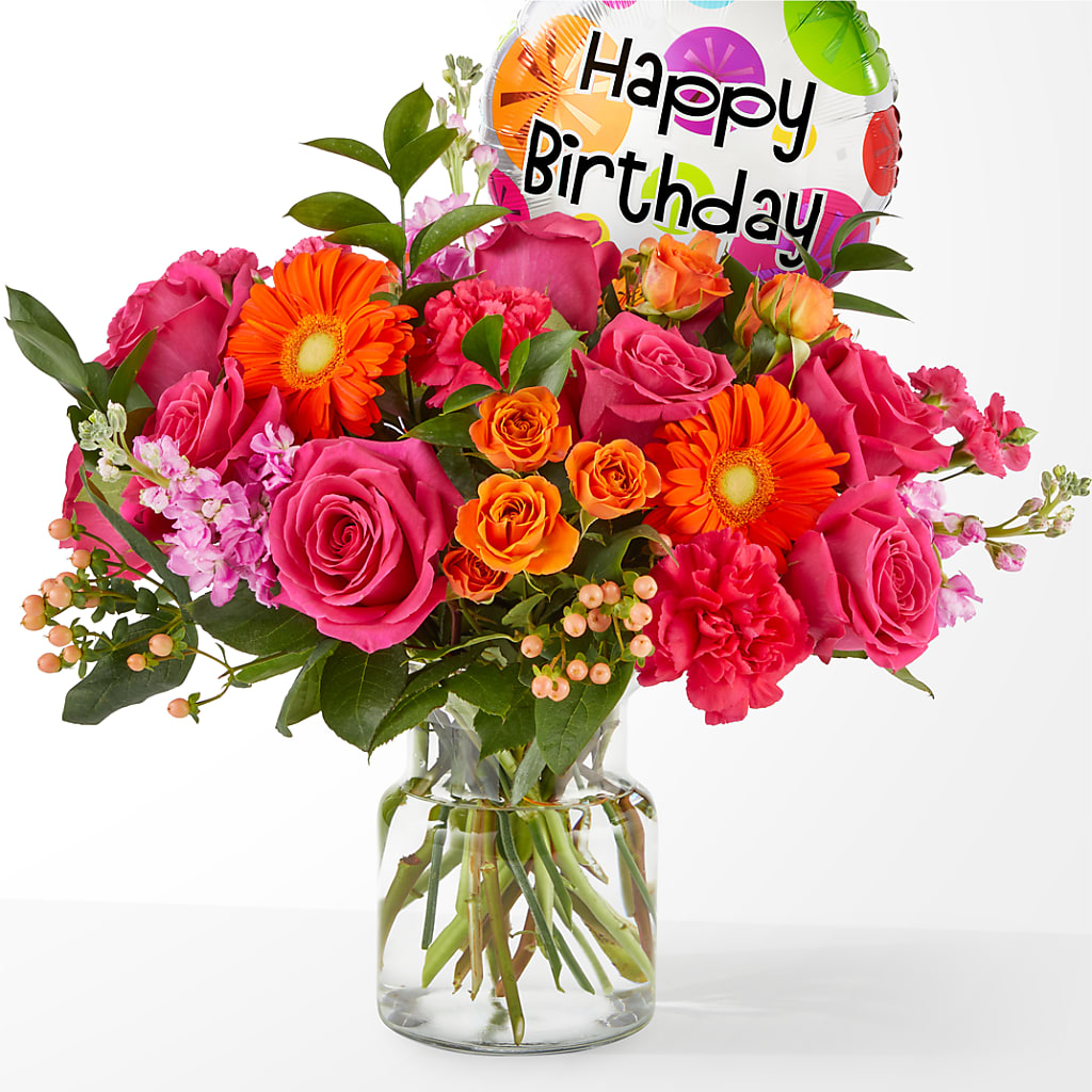 Fiesta Bouquet with Birthday Balloon – SHINKLES' FLOWER SHOP & GREENHOUSE, Temperance MI