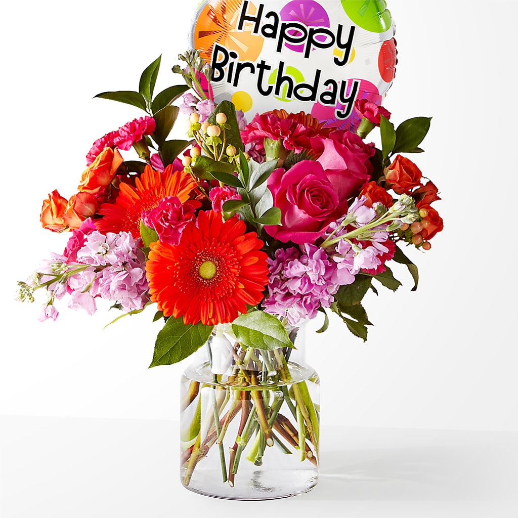 Fiesta Bouquet with Birthday Balloon – SHINKLES' FLOWER SHOP & GREENHOUSE, Temperance MI