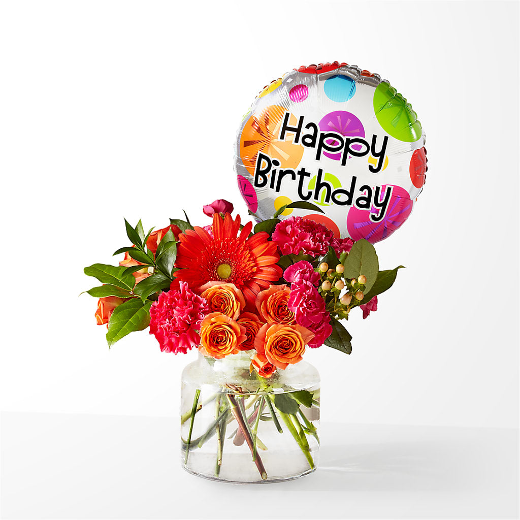 Fiesta Bouquet with Birthday Balloon – SHINKLES' FLOWER SHOP & GREENHOUSE, Temperance MI