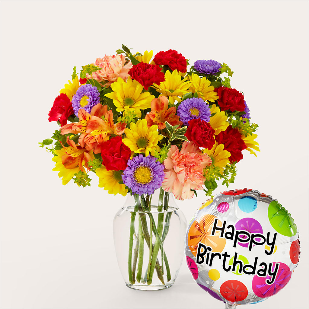 Kaleidoscope Bouquet with Birthday Balloon – SHINKLES' FLOWER SHOP & GREENHOUSE, Temperance MI