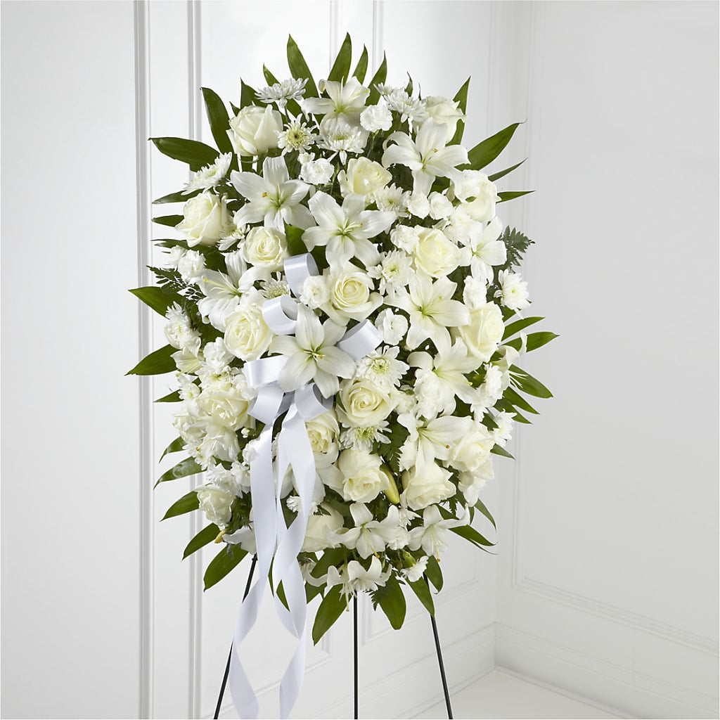 Exquisite Tribute Standing Spray-White Ribbon – SHINKLES' FLOWER SHOP & GREENHOUSE, Temperance MI