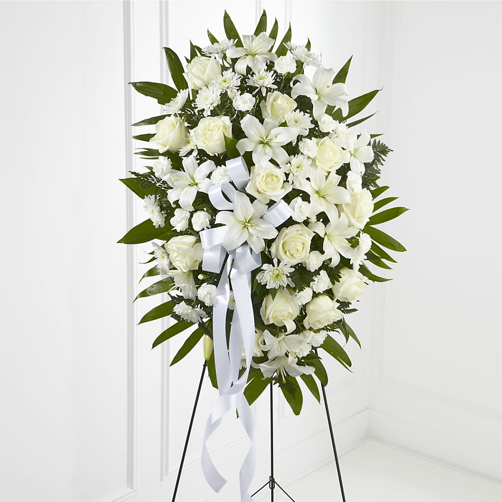 Exquisite Tribute Standing Spray-White Ribbon – SHINKLES' FLOWER SHOP & GREENHOUSE, Temperance MI
