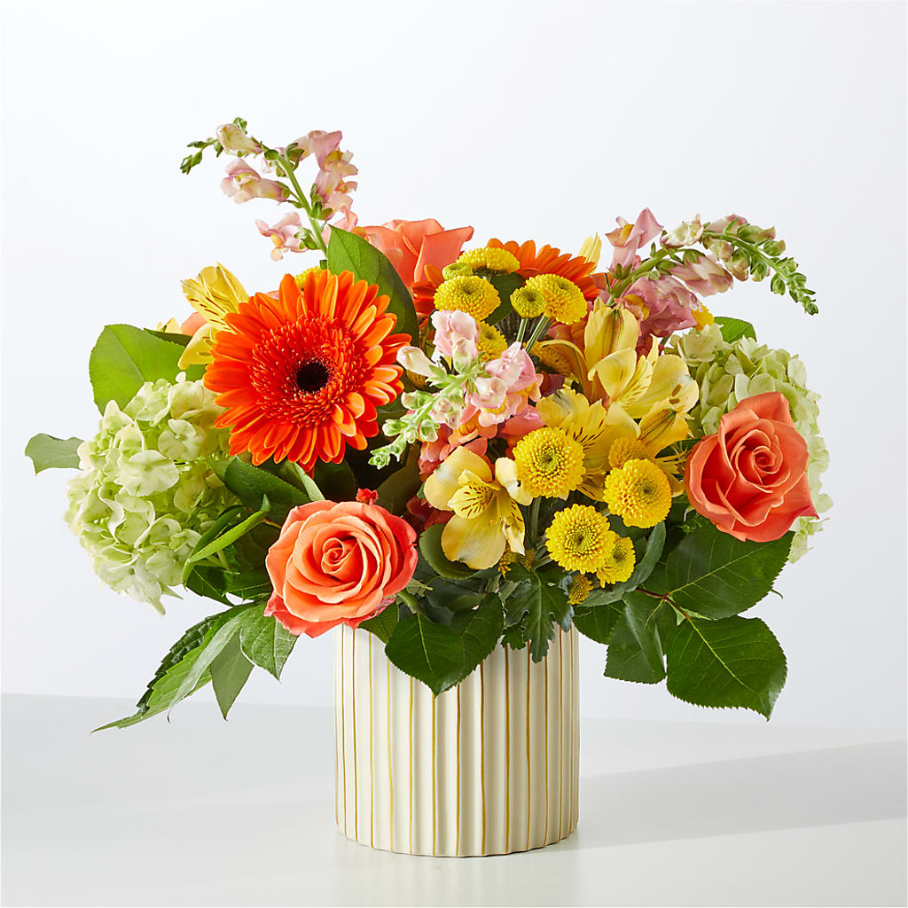 Autumn Sunshine Bouquet with Ivory Vase – SHINKLES' FLOWER SHOP & GREENHOUSE, Temperance MI